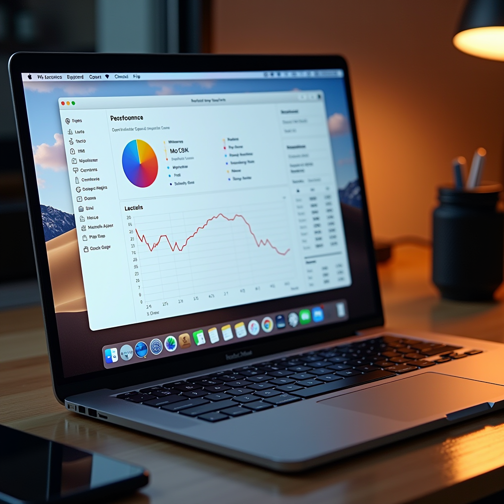 MacBook Pro displaying clean system dashboard with performance metrics and cache cleaning interface on modern desk setup