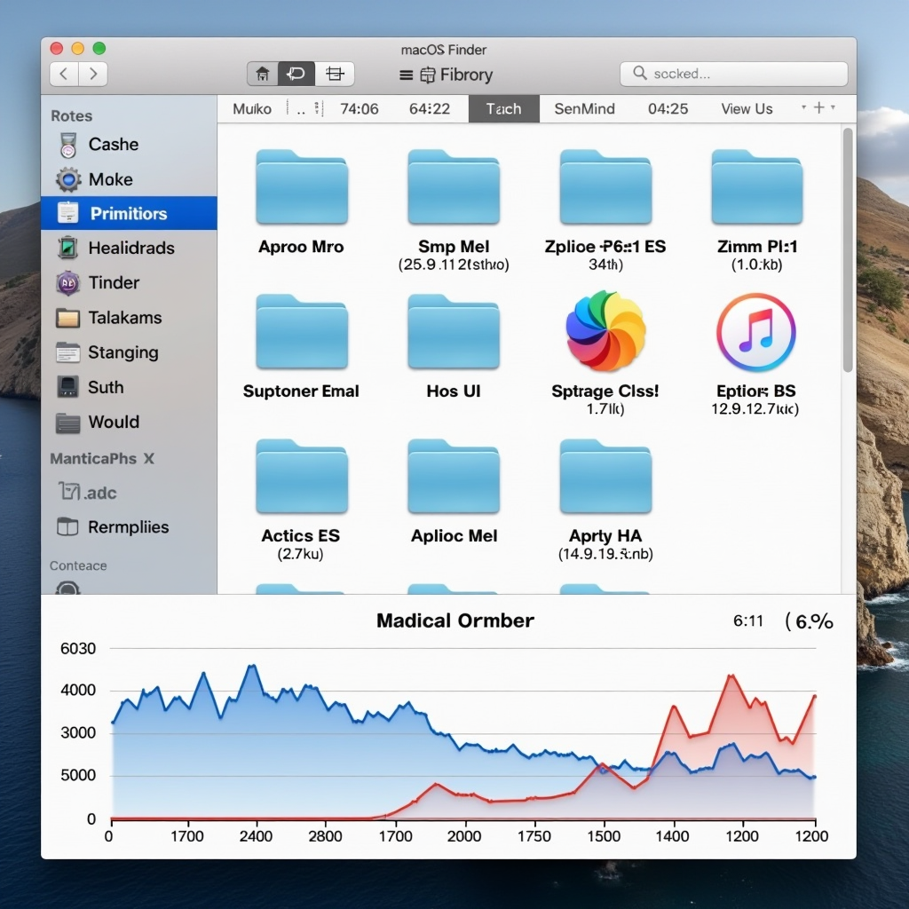 Detailed visualization showing macOS Finder window with Library folder structure, cache directories highlighted, and storage analysis graphs displaying cache accumulation over time on a modern Mac desktop interface