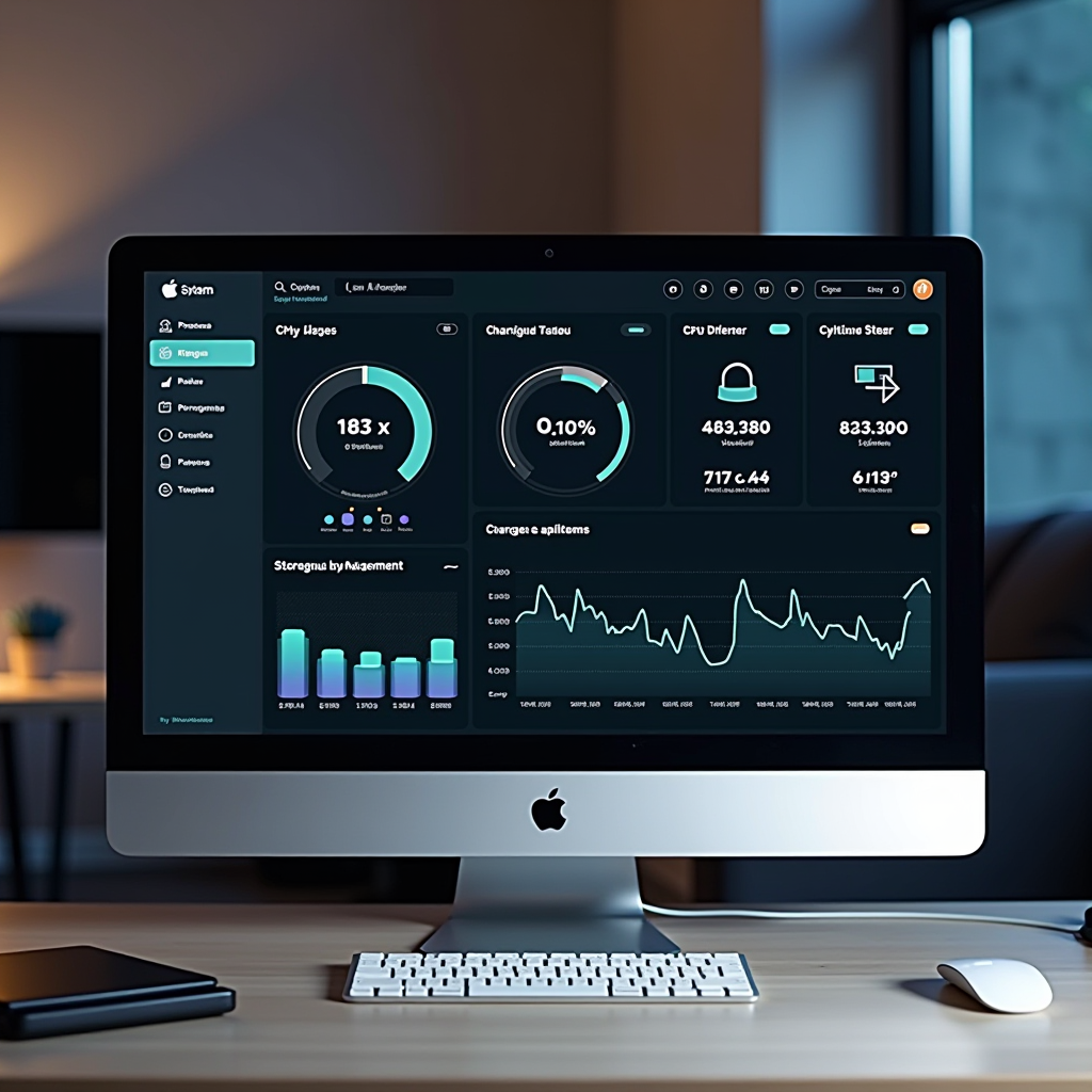 Modern Mac desktop displaying system performance monitoring dashboard with CPU usage graphs, memory statistics, and storage analysis tools showing various performance metrics and optimization indicators