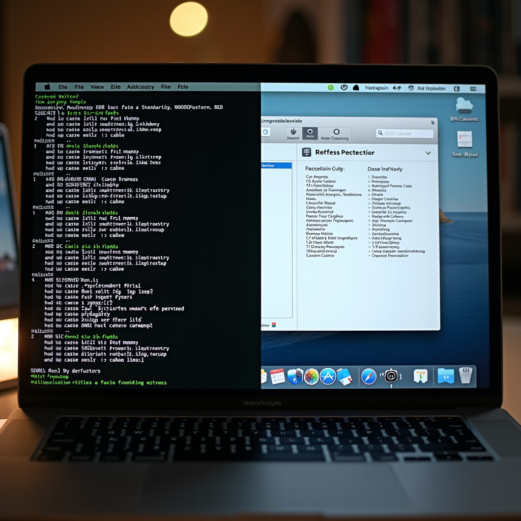 Split screen comparison showing macOS Terminal window with cache cleaning commands on the left side and a modern third-party cache cleaning utility interface on the right side, illustrating the two main approaches to Mac cache management