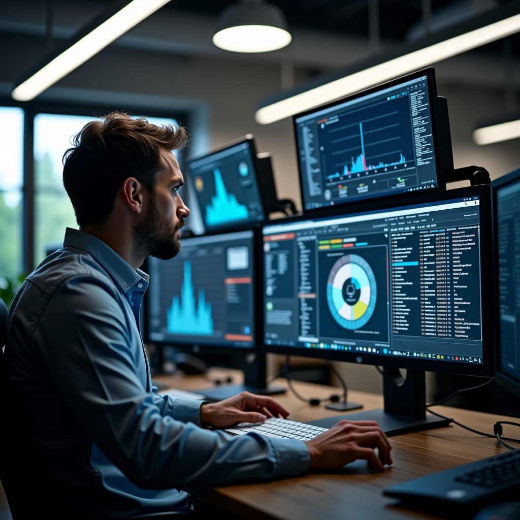 Professional Mac technician analyzing system performance on multiple monitors showing diagnostic tools and optimization software in modern German office environment