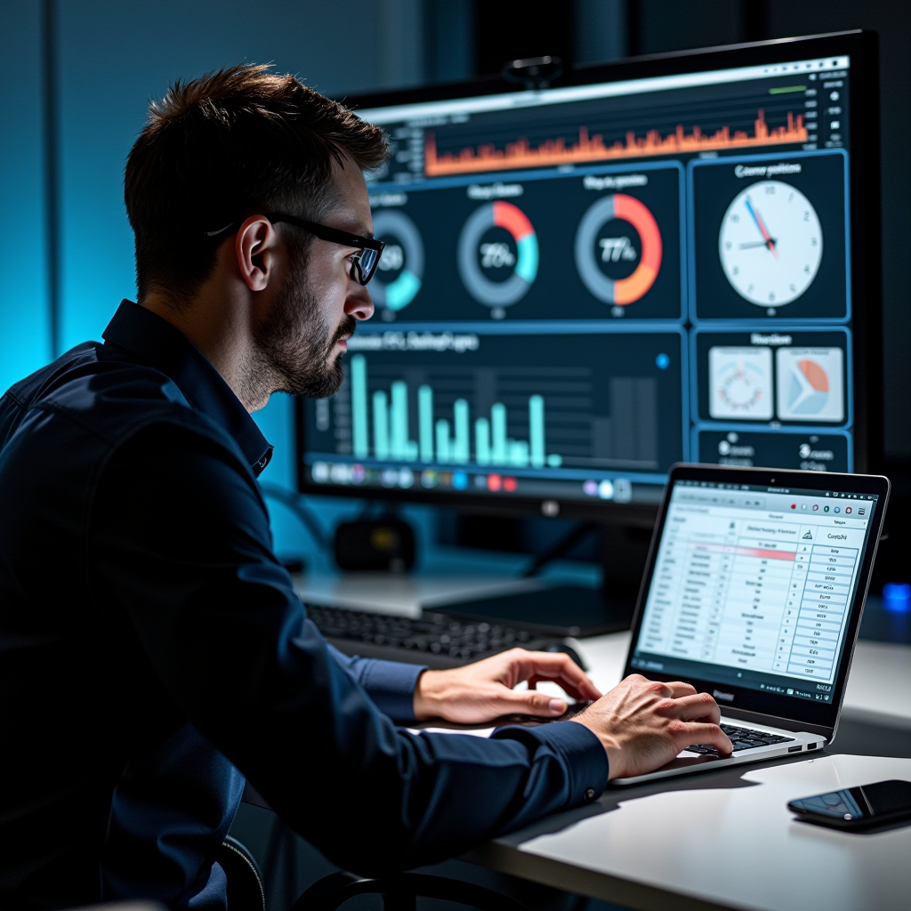 Professional Mac technician performing detailed system maintenance on a MacBook Pro in a clean modern workspace with diagnostic tools and performance monitoring displays showing cache analysis