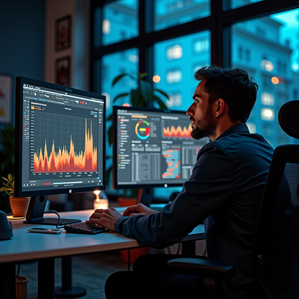 Professional Mac consultant analyzing system performance metrics on multiple displays showing Activity Monitor, storage analysis, and optimization dashboards in modern German office environment