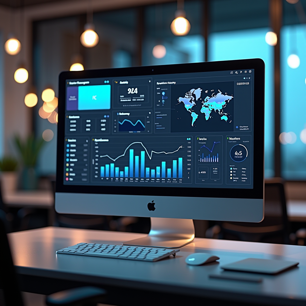 Professional Mac Fleet Management Dashboard showing multiple macOS devices with performance metrics, system health indicators, and centralized monitoring interface in modern German office environment