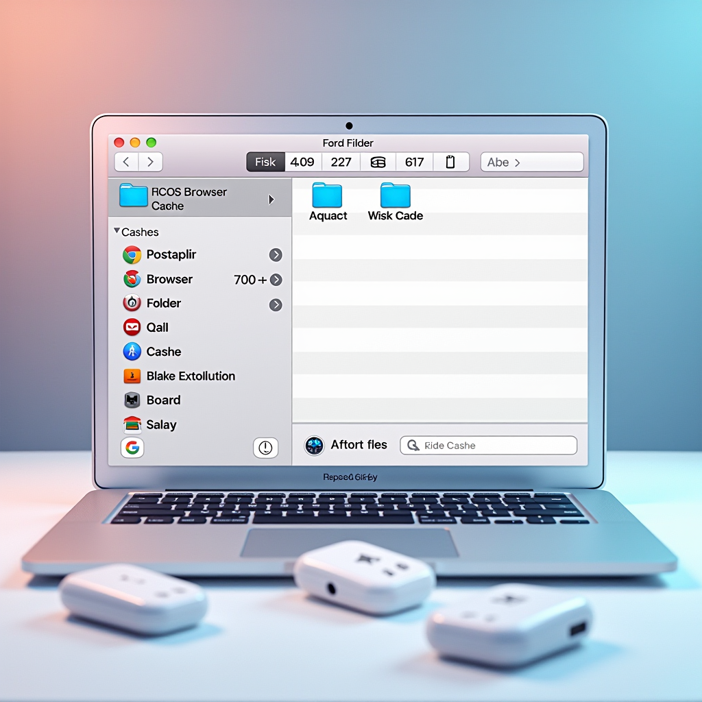 Detailed illustration showing macOS Finder window with various cache file types including browser cache folders, system cache directories, and application cache files scattered across a Mac desktop interface with storage indicators and file size labels