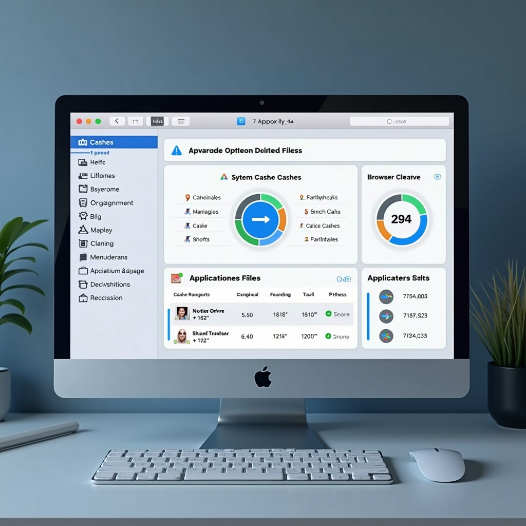 Specialized cache cleaning service interface displaying system cache files, browser data, and application cache management tools with cleaning progress indicators on macOS
