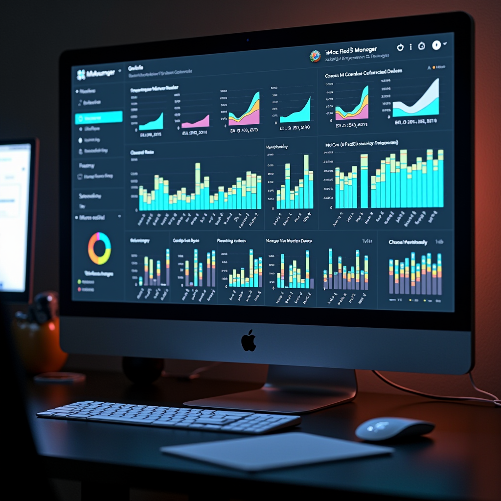 Comprehensive Mac fleet management dashboard displaying multiple macOS devices with centralized monitoring, performance metrics, scheduled maintenance calendar, and bulk optimization controls for business organizations